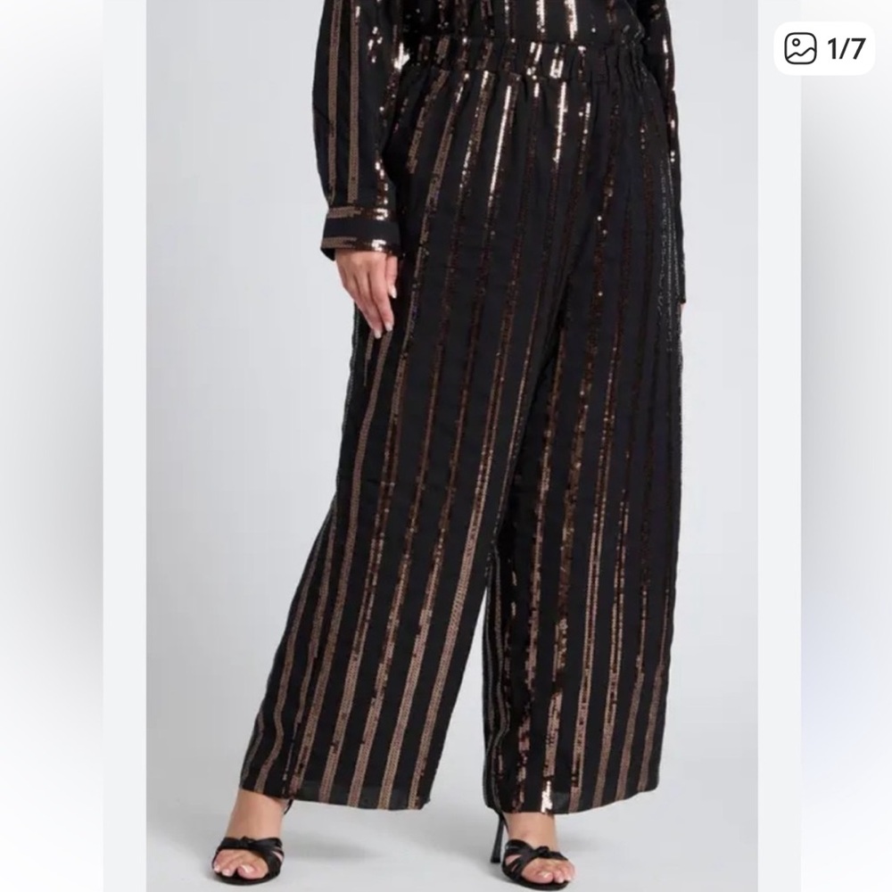 Eloqui Black and Bronze gold sequin stretch waist pants size 22